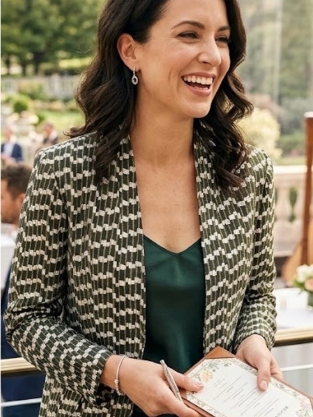 Evan Picone Olive & White Geometric Open Blazer